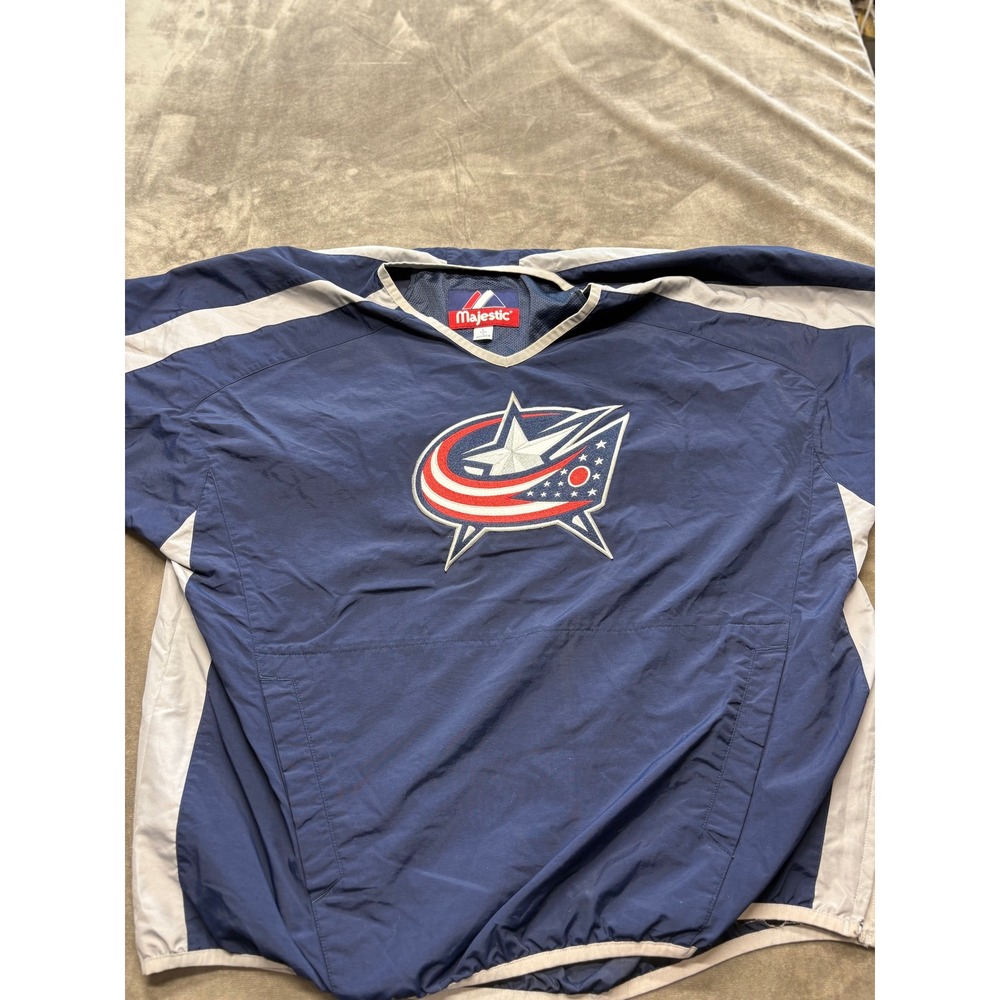 Majestic Columbus Blue Jackets Pullover‎ Jacket Mens L Navy Blue Gray Logo